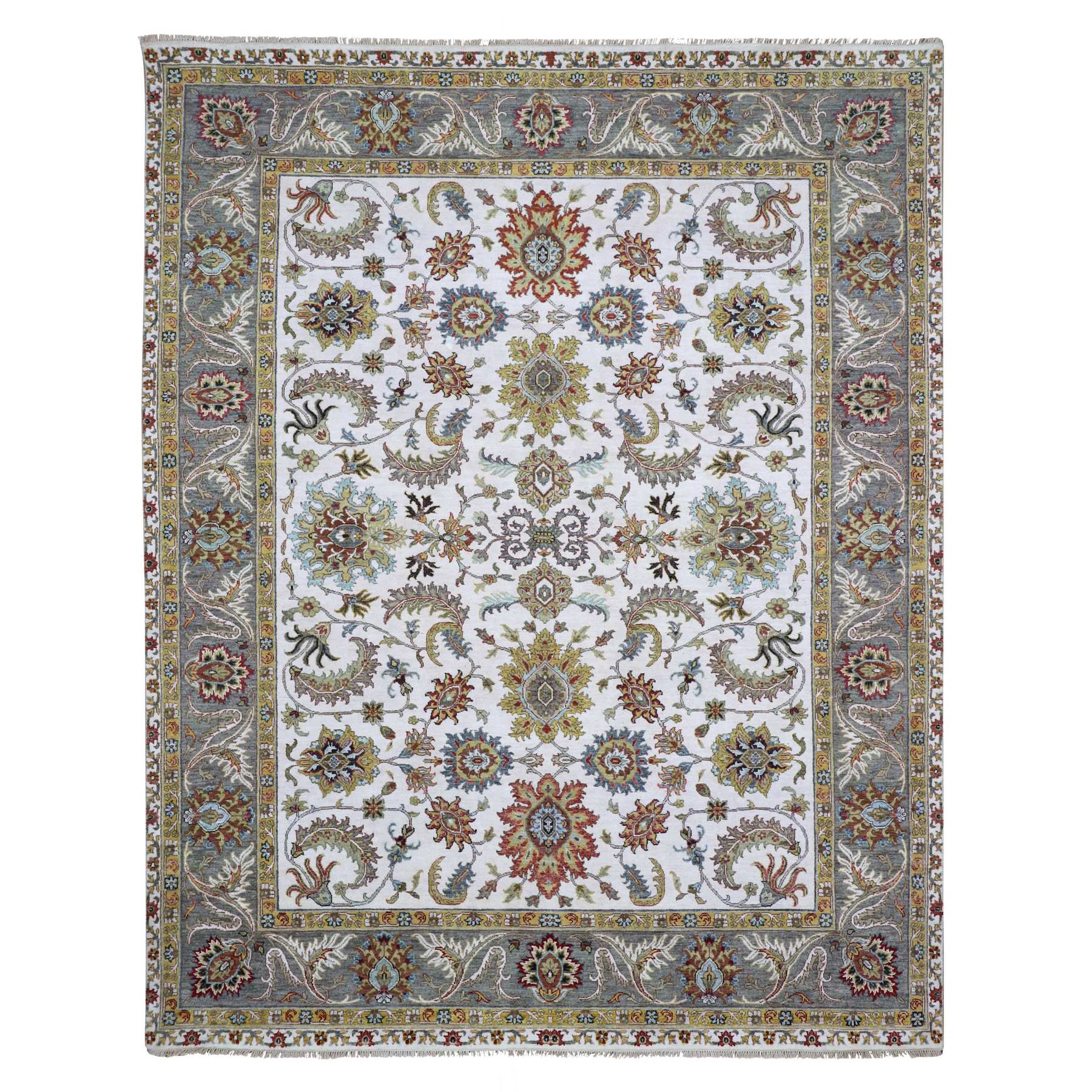 Vista White With Tapestry Brown, Agra 100% Wool Hand Knotted Scroll and Large Leaf Design, Natural Dyes, Oriental Rug